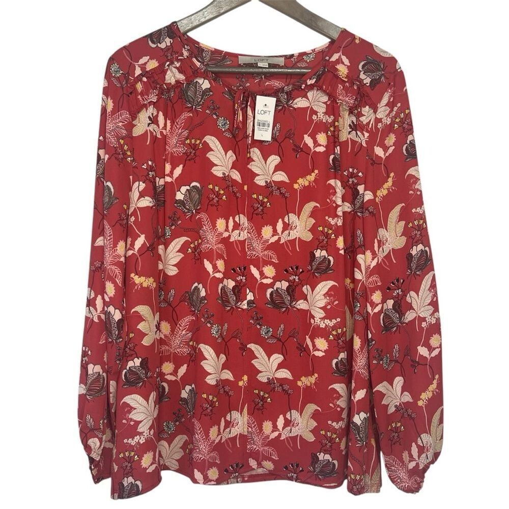 NWT LOFT Floral Ruffle Trim Blouse size Large Split Neck Tie Long Sleeve Top - Picture 1 of 6
